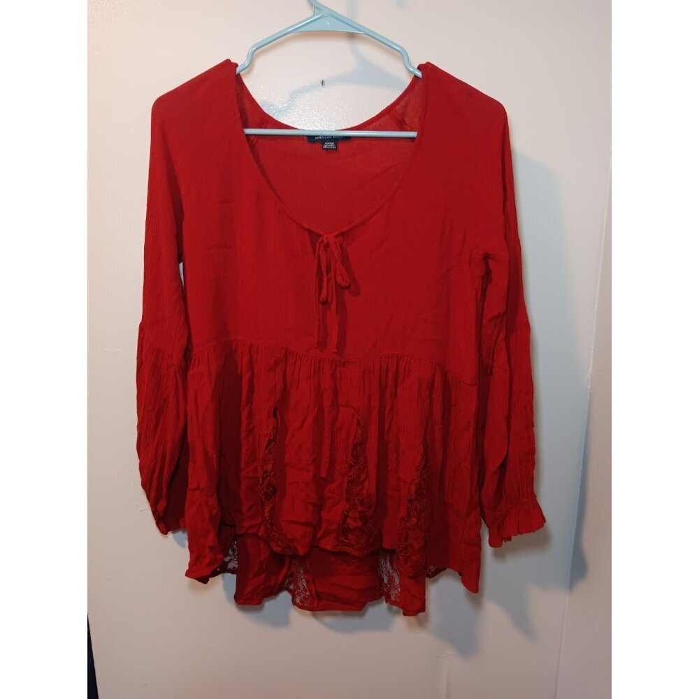 Women's Large Vintage American Eagle  Lace  Boho Babydoll Tunic Blood Red Top